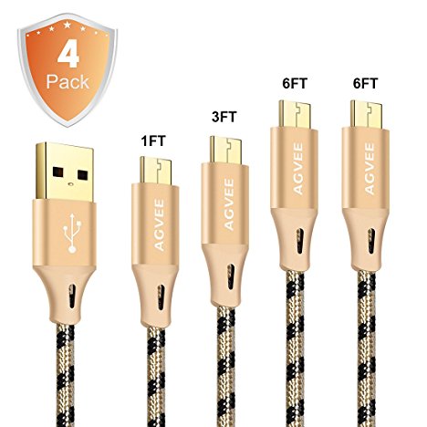 Cruel 3A Current Aging Test, Micro USB Cable, Gold-plated Connector Quick Charging Cable for Android, 4Pack 1Ft 3Ft 6Ft 6Ft with Braided Nylon, Agvee Ultra Long Data Sync Charger Cord (Black in Gold)