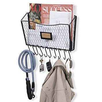 Wall35 Chicken Wire Entryway Organizer – Farmhouse Desktop Organizer - Wall Mounted File Folder Holder - Mail Sorter Basket with 10 Coat Hooks and Key Holder