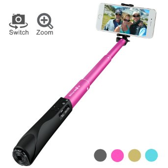 Bluetooth Selfie Stick BlitzWolf Built-in Remote Shutter Self-Portrait Extendable Wireless Monopod with Zoom and Camera Switching Button for iPhone 6 6s Plus Samsung Galaxy S6 Android Rose Red