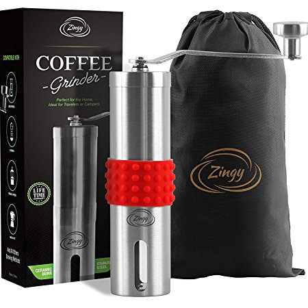 Portable Manual Coffee Grinder By Zingy - Aromatic Espresso, French Press - Spice Mill - Stainless Steel, Aeropress Compatible - Non-Slip Silicone Grip, Bonus Storage Bag