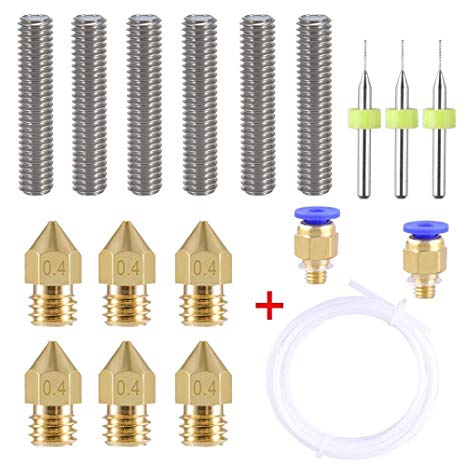 AUSTOR 6 Pcs 0.4MM Brass MK8 Extruder Nozzle Print Heads 6 Pcs 30MM Length Extruder 1.75MM Tube, 2M PTFE Teflon Tube(2.0mm ID/4.0mm OD) and 2 Pcs PC4-M6 Fittings for Anet A8 and MK8 Makerbot Reprap 3D Printers(Bonus: 3pcs cleaning drill Bits)