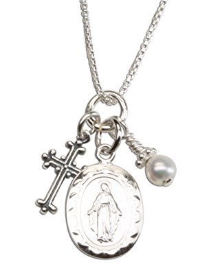 Girl's Sterling Silver First Communion and Confirmation Miraculous Necklace with Cultured Pearl and Cross