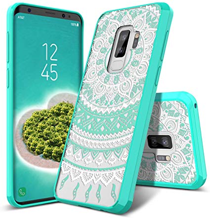 SmartLegend Galaxy S9 Plus Case, Girls Women Slim Anti-Slip Clear Hybrid Hard PC   TPU Bumper Mandala Floral Shockproof Full-Body Protective Phone Cover Compatible for Samsung Galaxy S9  Plus- Mint