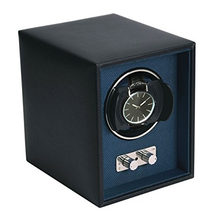 Dulwich Designs Single Black Leather Watch Winder with Blue Lining