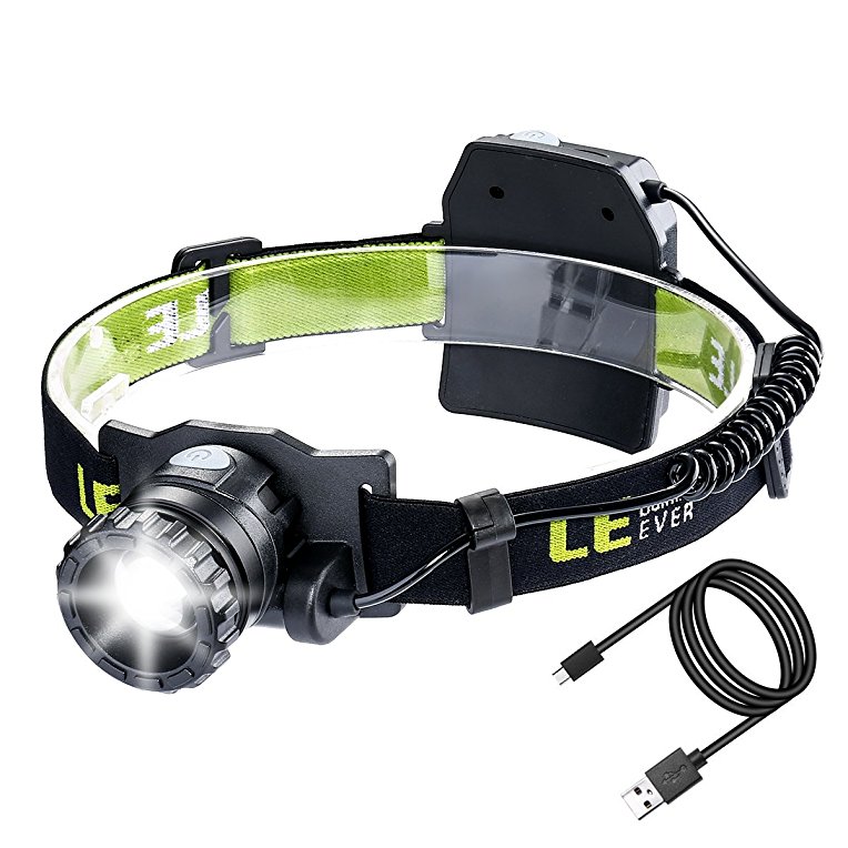 LE CREE LED Headlamp, USB Rechargeable Headlight, Zoomable Head Torch, 6 Light Modes, Sports Helmet Light for Camping Running Hiking Reading