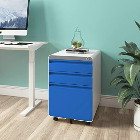 Dprodo 3 Drawers Mobile File Cabinet with Lock, Metal Filing Cabinet for Legal & Letter Size, Fully Assembled Locking File Cabinet for Home & Office,Blue