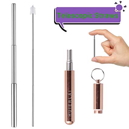 Reusable Drinking Straws Stainless Steel Metal Straws Telescopic Portable Reusable Straws with Case & Cleaning Brush (Rose gold Case) 2019