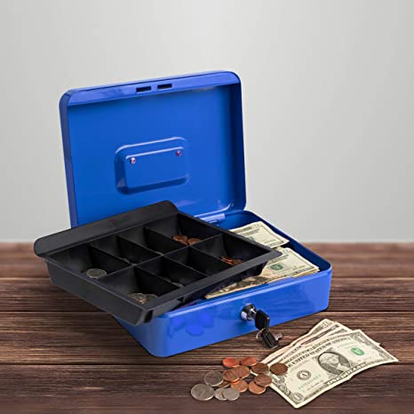 Stalwart Cash Box – Locking Steel Petty Cash Safe with Removable Coin Tray and Key Entry for Yard Sales, Markets and Concession Stands (Blue)