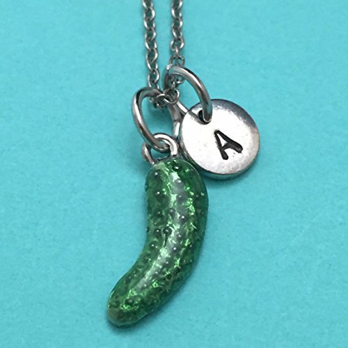 Pickle necklace, pickle charm, food necklace, personalized necklace, initial necklace, initial charm, monogram
