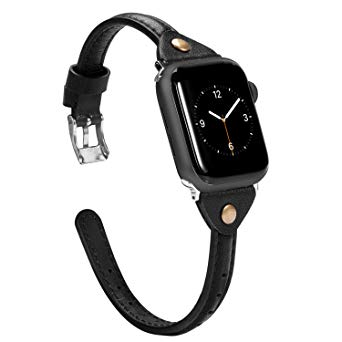 Wearlizer Black Thin Leather Compatible with Apple Watch Bands‘ 42mm 44mm iWatch Womens Mens Strap Slim Rivet Wristband Leisure Exclusive Bracelet (Metal Silver Buckle) Series 4 3 2 1 Edition Sport