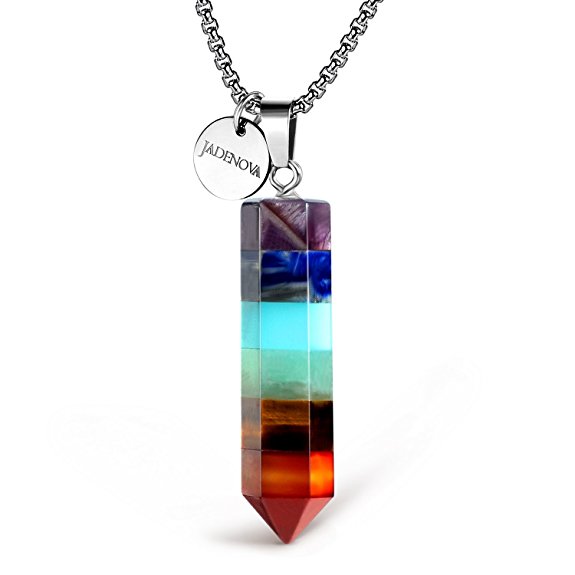 JADENOVA 7 Chakra Gemstone Pendant Necklace with Energy Healing Crystal Pendulum 18" Stainless Steel Chain