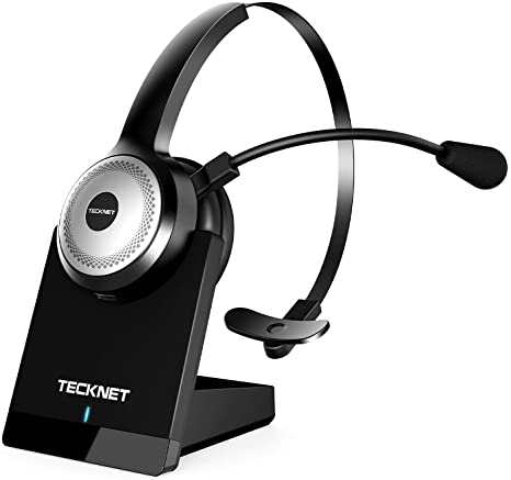 TECKNET Wireless Headset with Microphone for PC, Laptop, Computer, Phone, AI Noise Cancelling and All-Day Battery Life, V5.0 Bluetooth Headset with Charging Stand for Office/Call Centre/Skype