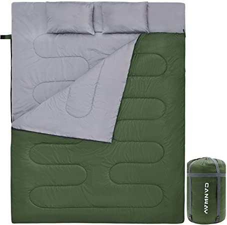 CANWAY Double Sleeping Bag, Lightweight Waterproof 2 Person Sleeping Bag with 2 Pillows for Camping, Backpacking, or Hiking Outdoor for Adults or Teens Queen Size XL