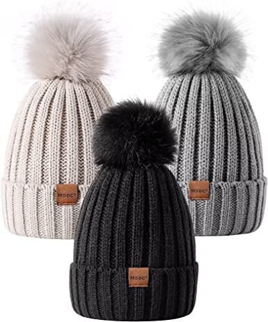 MSDC Beanie for Women with Pom Pom 3 Pack, Winter Hats for Women Fashion Knit Warm Skull Cap, Womens Beanie for Cold Weather