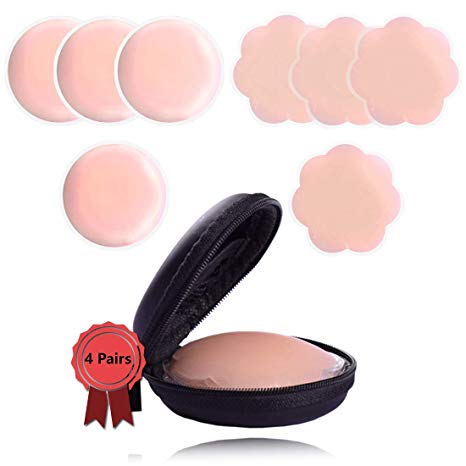 Nipple covers,Reusable and Adhesive Pasties for Women,Silicone Nipple Covers with Carry Case,Petal and Round (4 Pairs)