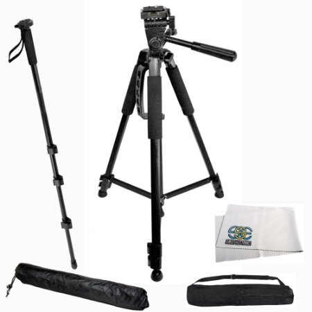Professional 60-inch Tripod 3-way Panhead Tilt Motion with Built In Bubble Leveling & 72" Monopod with Quick Release for Canon, Nikon, Sony, Pentax, Sigma, Fuji, Olympus, Panasonic, Samsung Cameras