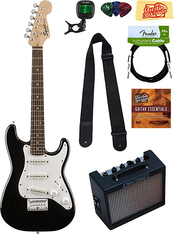 Squier by Fender Mini Strat Electric Guitar - Black Bundle with Amplifier, Instrument Cable, Tuner, Strap, Picks, Austin Bazaar Instructional DVD, and Polishing Cloth