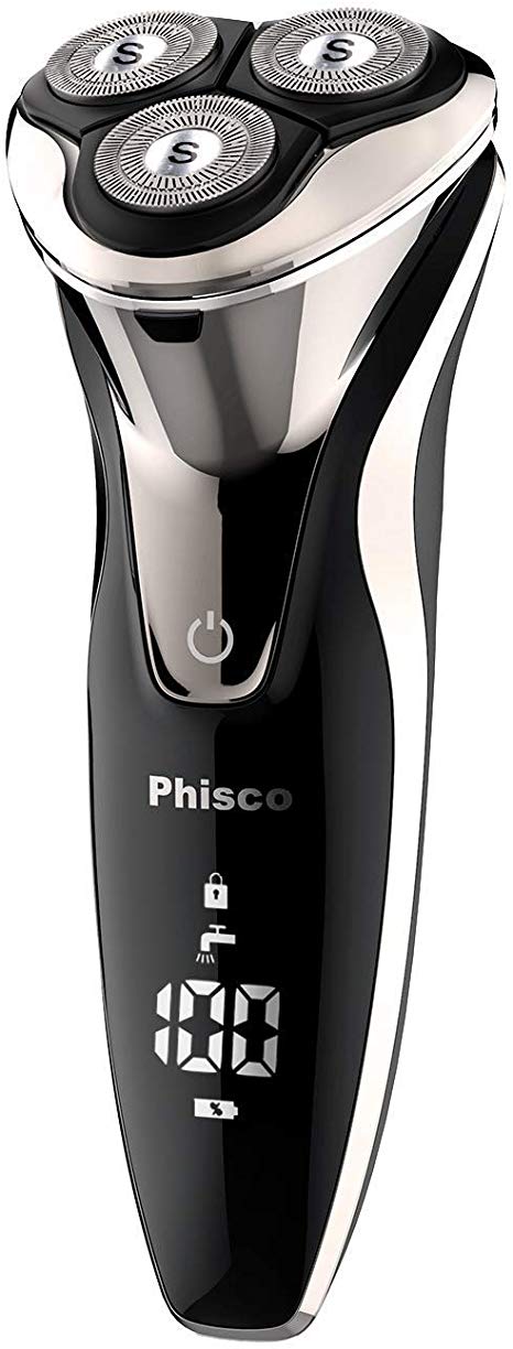 Phisco Electric Shavers Men 3D Rechargeable Electric Razor IPX7 Waterproof Wet and Dry Men's Rotary Shavers Electric Shaver Razor for Men with Pop-up Trimmer, LCD Display & Travel Lock