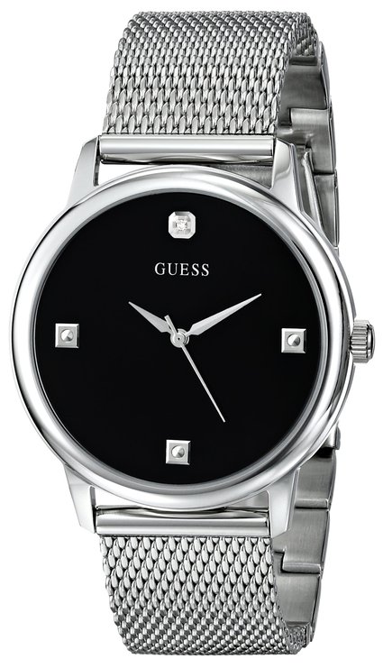 GUESS Men's U0280G1 Slim Round Silver-Tone Diamond-Accented Mesh Watch