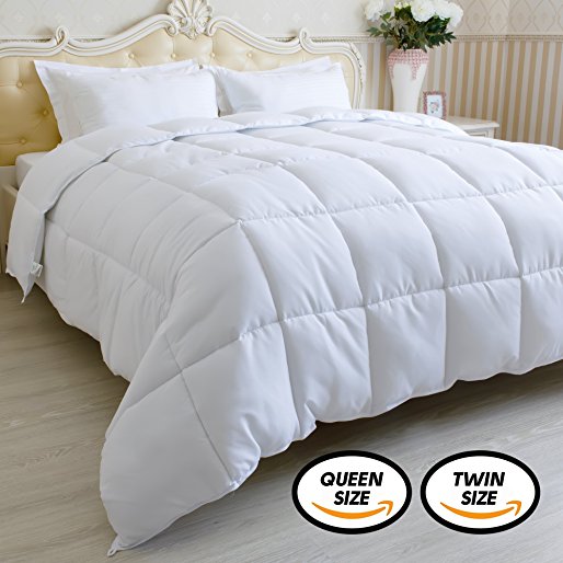 White Queen Comforter Duvet insert (88x90 inch) - Down Alternative queen blanket - Hypoallergenic Quilted comforter - Corner Duvet Tabs - All-Season - Plush Siliconized Fiberfill