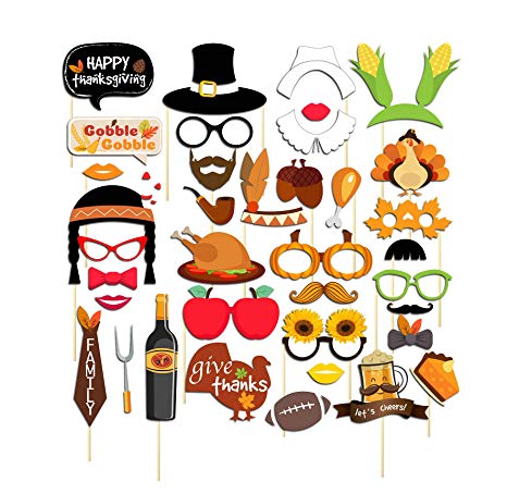 Thanksgiving Photo Booth Props Kit, 37 Pcs Happy Thanksgiving Day Pose Sign Kit for Fall Autumn Harvest Turkey Party Supplies Decorations