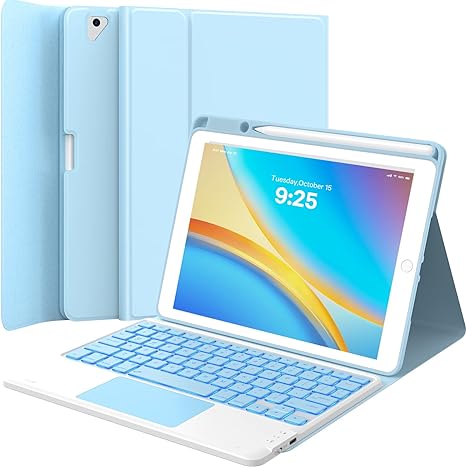 GreenLaw Touch iPad 9th 8th 7th Generation Case with Keyboard 10.2 inch, 7 Color Backlit, Stain Resistant Cover, 2-Devices Connection Keyboard for iPad Air 3rd Gen. iPad Pro 10.5, Light Blue