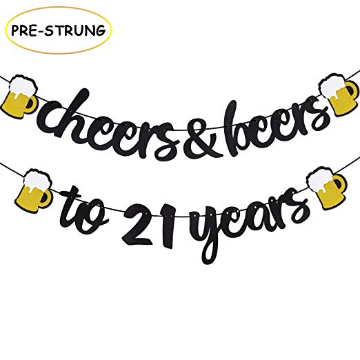 Cheers & Beers to 21 Years Black Glitter Banner for 21th Birthday Wedding Aniversary Party Supplies Decorations - PRESTRUNG