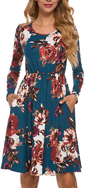 LAINAB Women's Casual Floral Fall Long Sleeve Tunic Short Dress with Pockets