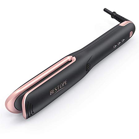 BESTOPE 2 In 1 Hair Straightening and Curler, Professional Anti-static Ceramic Hair Straightener Flat Iron with 15s MCH Tourmaline Ions Heating, 1 Inch Black Curling Iron Wand with Clips Gloves