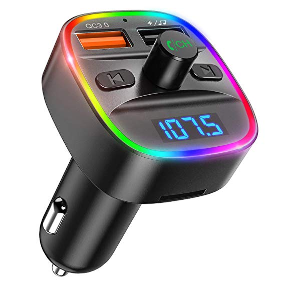 [Upgraded] KeeKit Bluetooth 5.0 FM Transmitter for Car, Wireless Radio Adapter with QC3.0 Dual USB Charging, 7 Color LED Backlit, Hands-Free Calling, Music Player Supports TF Card, USB Disk - Gun