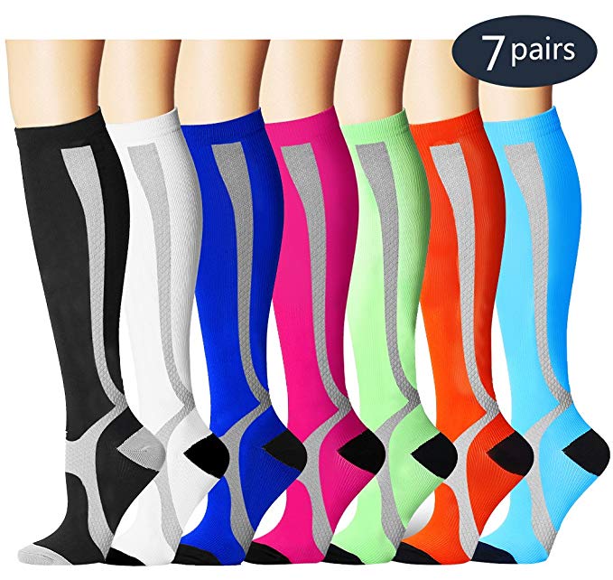 BLUEMAPLE Compression Socks,(7pair) Compression Sock Women & Men - Best Running, Athletic Sports, Crossfit, Flight Travel - Maternity Pregnancy, Shin Splints - Below Knee High