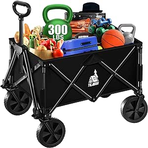 Collapsible Foldable Wagon, 300LBS Load and 200L Large Capacity Heavy Duty Beach Folding Wagon with All Terrain Wheels, Outdoor Garden Cart Wagon for Camping Shopping Sports, Black-1