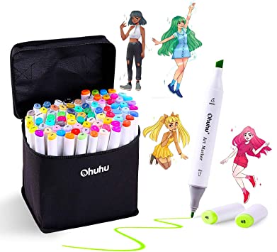 Alcohol Art Markers, Ohuhu Double Tipped Sketch Marker, Fine and Chisel Alcohol Based Drawing Markers, 60 Well-Selected Colors Permanent Marker for Manga Comic Illustrations Cartoons, Adult Coloring Books