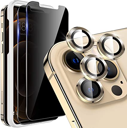 5 Pack LK 2 Pack Anti Spy Privacy Tempered Glass Screen Protector   3 Pack Camera Lens Protector Compatible with iPhone 12 Pro Max 6.7 inch, Precise Cutout, Camera Cover Circle Tempered Glass - Gold