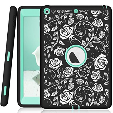 Hocase iPad 9.7 2018/2017 Case Heavy Duty Shockproof Silicone Rubber Hard Shell Hybrid Protective Case w/ Rose Floral Print for iPad 5th/6th Generation A1893/A1954/A1822/A1823 - Black / Teal