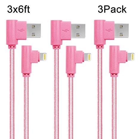 ANSEIP 90 Degree iPhone Cable 6ft 3Pack Right Angle lightning Cable USB Charger Cords Fast Charging and Data Sync for iPhone7/7 Plus iPhone6 /6s (Rose Gold)