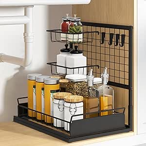 Under Sink Cabinet Organizer, Metal Basket Spice Rack, Slide Out Drawers with Hook Board Shelf, for Bathroom Kitchen Pantry Locker Organizer and Storage