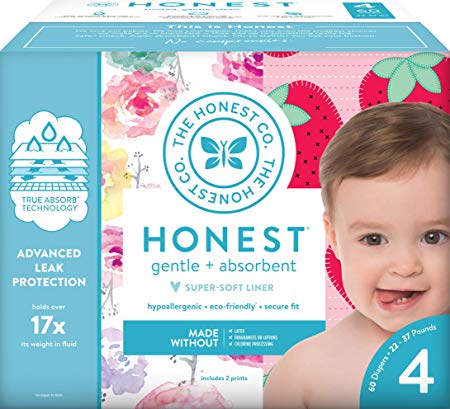 The Honest Company Club Box Diapers with TrueAbsorb Technology, Rose Blossom & Strawberries, Size 4, 60 Count