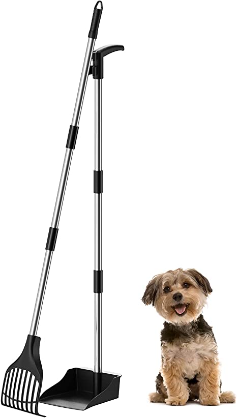 Lifewit Plastic Dog Pooper Scooper for Medium/Small Dogs, Adjustable Stainless Metal Pole Long Handle Poop Scoop Set with Rake and Tray for Lawns, Yard, Grass