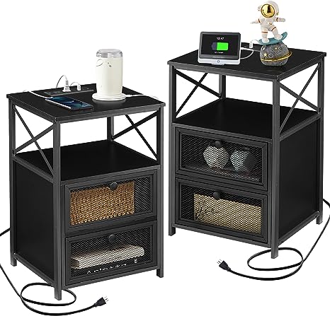 VECELO Black End Table Set of 2 with USB Ports and Outlets,24Inch Nightstands with Charging Station and Storage Shelf for Bedroom,Living Room