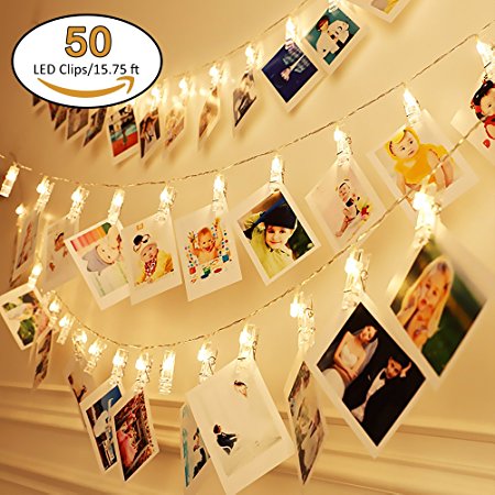 50 LED Photo Clips String Lights, Poscoverge Christmas Indoor String Lights for Hanging Photos Pictures Cards and Memos, Ideal Gift for Dorms Bedroom Decoration (50 LED Warm White)