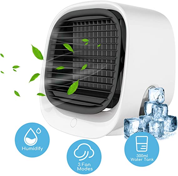 ETE ETMATE Mini Portable Air Conditioner Fan, 3 Wind Speeds Evaporative Air Cooler, Desktop Quiet Humidifier with LED Light USB Charging, Suitable for Home/Office