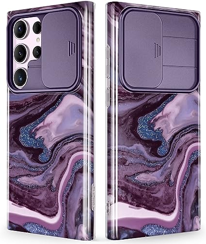 GVIEWIN Compatible with Samsung Galaxy S23 Ultra Case with Slide Camera Cover, [Military Grade Drop Protection] Slim Marble Shockproof Protective Phone Case Fit S23 Ultra 5G 6.8" (Quicksand/Purple)