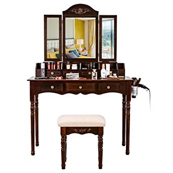 Vanity Table Set, Vanity Desk Dressing Makeup Table   Tri-Folding Mirror   Cushioned Stool   7 Drawers Desk Organizer (Brown)