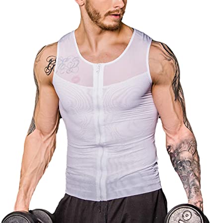 Shaxea Zipper Men's Strong Compression Shirt to Hide Gynecomastia Body Shaper Chest Slimming Body Shaper fit Undershirt