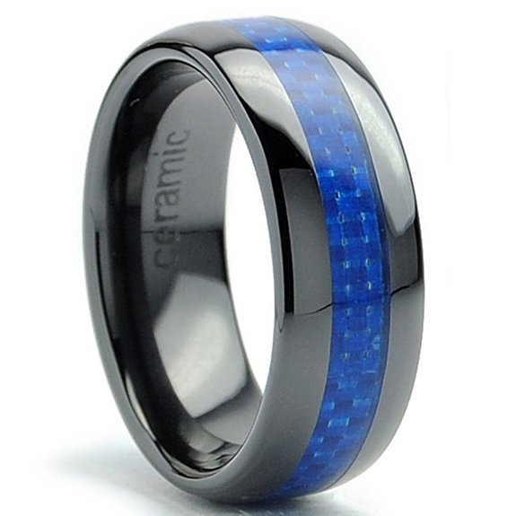 8MM Dome Mens Black Ceramic Ring Wedding Band With Blue Carbon Fiber Inlay Sizes 5 to 15