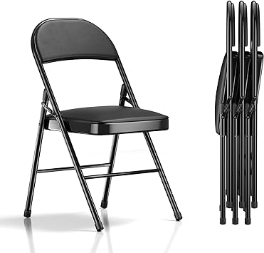 VECELO 4-Pack Folding Chairs Portable Metal with Ultra Soft PU Padded Cushion Seats for Home Office, Black, Square