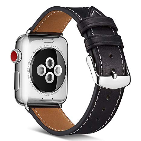 Compatible Apple Watch Band 42mm 44mm,Pierre Case Genuine Leather iwatch Strap Replacement Band with Stainless Metal Clasp Compatible Apple Watch Series 4 Series 3 2 1 Sport Edition Black
