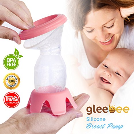 gleebee Manual Breast Pump with Lid & Base | 100% Food Grade BPA Free Silicone | Portable Hands-Free Design Ideal for Travel and Collecting Letdown While Breastfeeding | (pink)