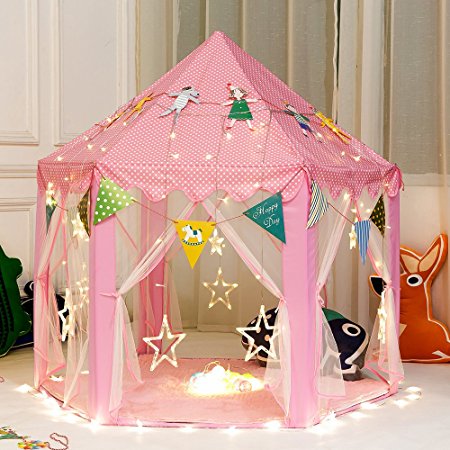 Girls Princess Play Tent Kids Children Indoor Castle Large Play Tents with Star String Lights and Decorations Banners for Indoor / Outdoor Fun - 55" x 55"